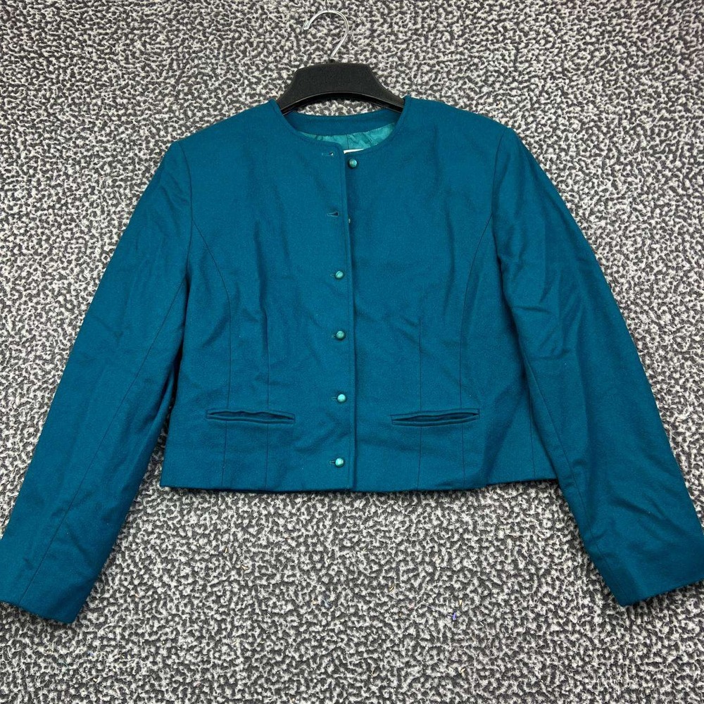 Pendleton Blazer Jacket Women 14 Teal Blue Virgin Wool Button Front Cropped